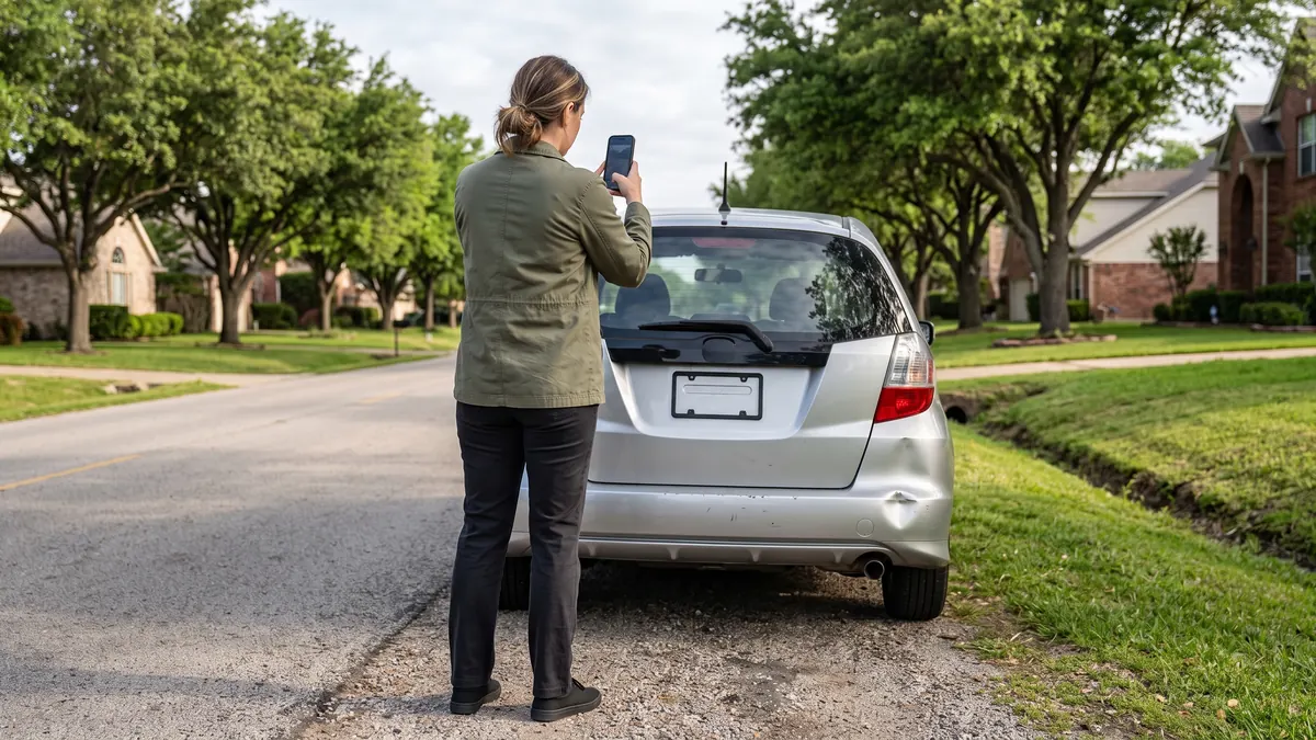 A woman seen from behind photographing the dented rear bumper of her silver hatchback on the shoulder of a quiet suburban street